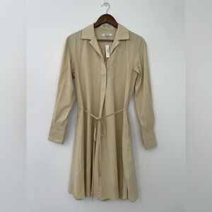 Madewell Beige Belted Old Money Aesthetic Cotton Blend Long Sleeve Midi Dress